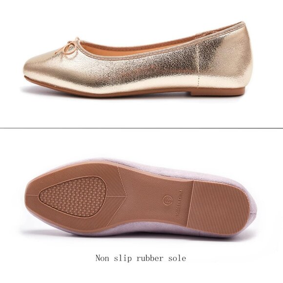 Women's Gold Polyurethane Closed Round Toe Comfortable Bow Ballet Flats Shoes - Picture 4 of 7